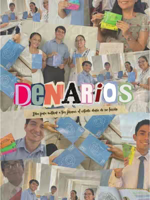 A collage-style image featuring multiple individuals, primarily young adults, interacting in a variety of settings. The image is brightly lit with a variety of colors throughout. In the center of the image, large, colorful text spells out "DENARIOS". The individuals appear to be engaged in activities related to studying, community, and possibly a church setting, as they hold books, exchange blue papers, and interact in what appears to be a classroom environment. The text overlay on the central design of the image says "IDEA PARA MOTIVAR A TUS JÓVENES AL ESTUDIO DIARIO DE SU LECCIÓN".