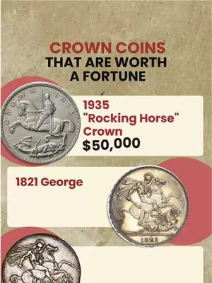 The cover image is a vertical infographic on a light tan background. The top part of it have the Crown Coins text, and details of rare coins with an image of each. The graphics include a gold accent, red circular accent. The layout has text and coin images arranged on a vertical axis.