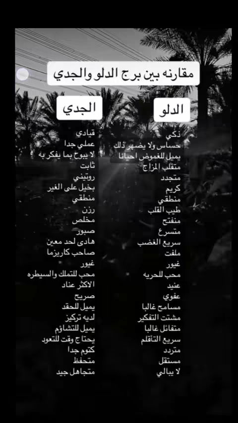 The image is a comparison table between the zodiac signs Aquarius ( الدلو) and Capricorn (الْجَدْي). The background appears to be an out-of-focus natural setting. The table is white, with the names of the signs listed along the top as column headers. Each sign has a list of personality traits below it. The overall composition is simple and text-focused, designed for information dissemination.