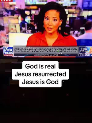 A woman in a red top is on a news TV screen. A white box overlay has the texts: God is real, Jesus resurrected, Jesus is God.