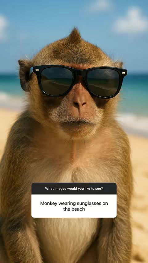 A monkey wearing sunglasses is centered in front of a beach background. The monkey has brown fur and is wearing black sunglasses. A text overlay is present at the bottom with questions and prompt.