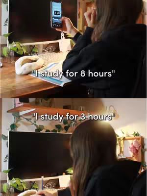 The cover image is split into two sections, presenting a comparison. At the top, a person, presumably a young woman, is holding a smartphone, seemingly recording the study time. Below, we see the same person from the back, working at the desk. Text overlays indicate the difference between the study times. The setting appears to be a home or office environment with a wooden desk, a monitor, and some plants for ambiance.