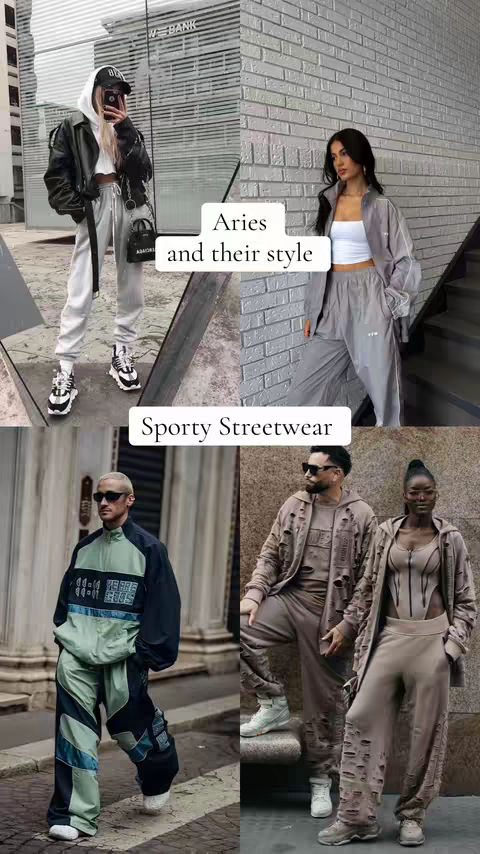 The image presents a collage of four photos showcasing different individuals dressed in sporty streetwear attire. The upper left image features a person wearing a black jacket and a white hoodie, paired with white sweatpants and sneakers. The other photos include people of different genders.