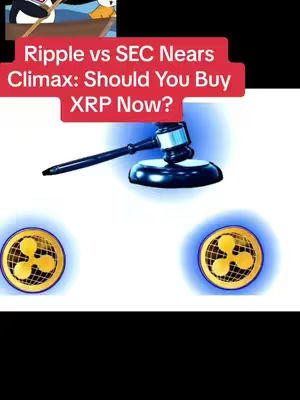 The image is composed with a red rectangular graphic in the top portion containing white text. Below it is a gavel in the middle over a white background. On either side of the gavel are the digital versions of XRP cryptocurrency tokens, placed on a blue light background.