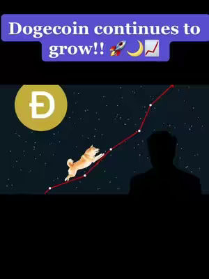 The cover image shows a stylized representation of Dogecoin's price movement. A red line charts upward, implying growth. A Shiba Inu dog is depicted jumping forward along the trajectory. In a starry night sky, the Dogecoin symbol is featured, along with the text "Dogecoin continues to grow!!".