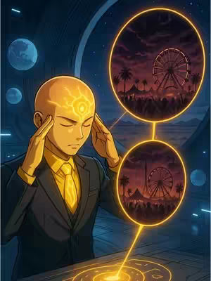 An artistic illustration depicts a bald man in a suit, eyes closed, with glowing energy around his head and hands. Two circular elements show scenes of a nighttime fair/festival with a Ferris wheel, connected by glowing lines. The background suggests a futuristic or cosmic setting with planets and a cityscape.