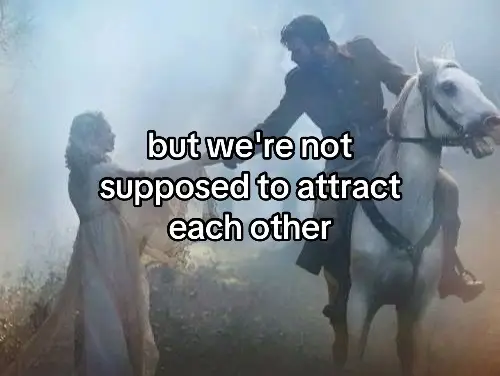 A romantic image with two figures, a woman in a flowing gown and a man on a white horse, set against a misty, ethereal backdrop. The color palette is soft with muted tones, creating a dreamlike atmosphere.