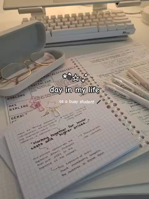 The cover image shows a workspace for studying, including a keyboard, notebook with handwritten notes, glasses case with glasses, and pens. The layout is neat and the colors are pastel.