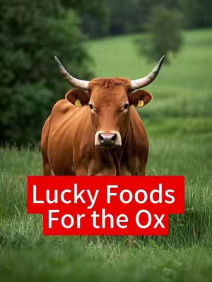 A lush green field serves as the backdrop for a brown ox. The ox stands, facing the viewer, with a red banner across the bottom that reads "Lucky Foods For the Ox".