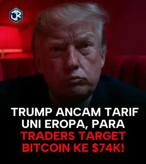 The image features a stern close-up of Donald Trump's face, set against a blurred, red-toned background. Text overlays in white and red announce a headline related to Trump, European tariffs, and a cryptocurrency target price.