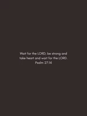 The image is a minimalist design with a dark brown background. In the center, aligned to the left, is white text. The text is a bible verse taken from Psalm 27:14. The layout is clean and simple, with a focus on the message.