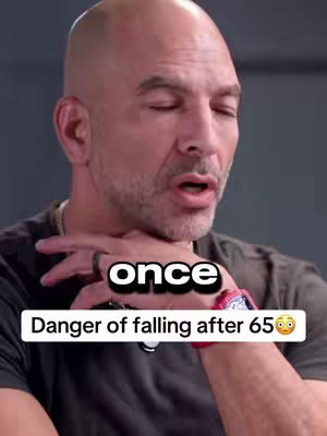 A close-up shot of a bald man with a short beard looking to his left with a thoughtful expression. White text 'once' is on the screen with the caption 'Danger of falling after 65🤔' in a white box.