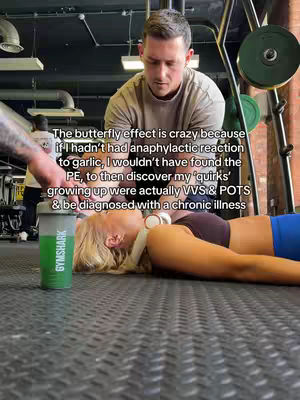 A person lying on the floor with a trainer standing over them in a gym setting. Text overlay explains a medical journey.