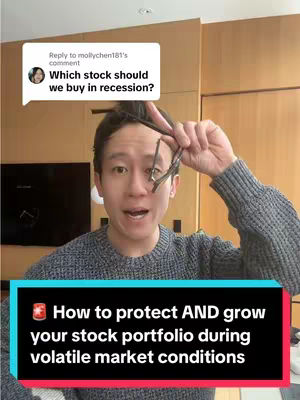 A man holds glasses and speaks with a comment bubble from another user in the corner, overlaid with a graphic promoting ways to protect and grow stock portfolios during volatile market conditions.