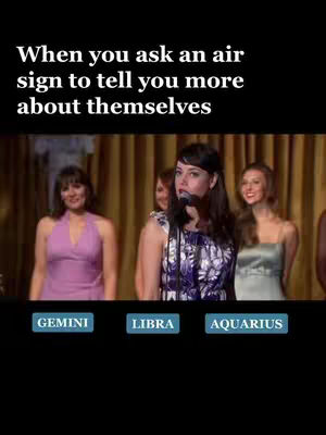 The cover image is a still from a show featuring four women, one of whom is holding a microphone. The upper portion includes text in a white font, and below the women are rectangular boxes labeled with astrological signs in a teal font.