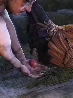 A close-up shot shows a person\'s hands gently holding a red egg, with a blurred figure of a person leaning over. The setting appears to be a natural outdoor environment with blurred green grass and wooden planks.
