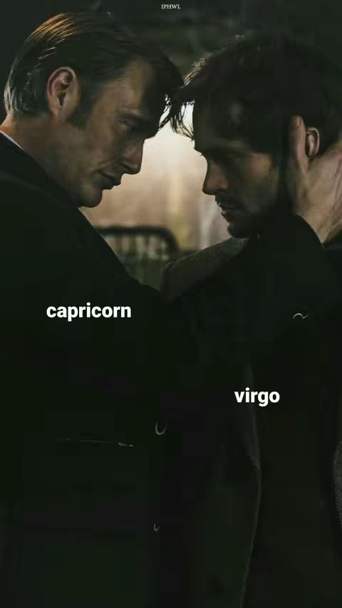 Two men are positioned face to face, their foreheads nearly touching. The lighting is dim, with dark hues emphasizing the figures. The text overlays in white identify the zodiac signs "capricorn" and "virgo" at the bottom of the frame.