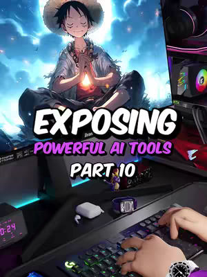 The cover image is a vibrant mix of anime-style art and a tech setup. In the center, a figure resembling Monkey D. Luffy from One Piece is in a meditative pose, set against a blue sky with ethereal clouds. Overlaying this serene background is a workstation, including a gaming keyboard, monitor, and the edge of what appears to be a computer tower. The text overlay 'EXPOSING POWERFUL AI TOOLS PART 10' is prominent in bold white font with a slight drop shadow. A person's hand with a watch is visible, interacting with the keyboard, suggesting a hands-on demonstration or tutorial in the video.