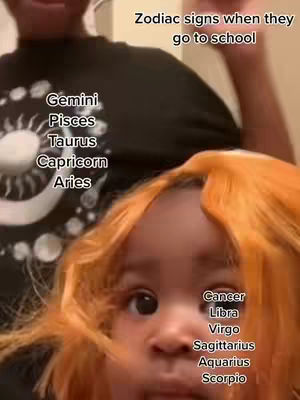 A selfie-style image featuring a person with orange hair in the foreground, framed from the chest up. The background is slightly blurred, showing a person wearing a black shirt. Text overlays list zodiac signs. The image is brightly lit, with a shallow depth of field.