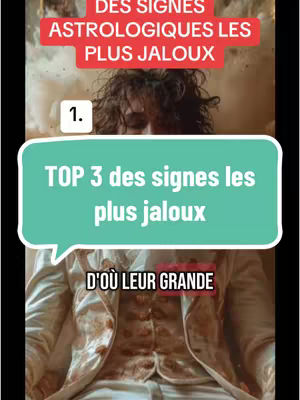 The cover image features a person with blurred curly hair and a formal jacket, overlaid with several text elements. At the top, a red banner reads "DES SIGNES ASTROLOGIQUES LES PLUS JALOUX" in white uppercase letters. Below, a large, cyan speech bubble contains "TOP 3 des signes les plus jaloux" in white text. A smaller red banner at the bottom says "D'OÙ LEUR GRANDE" in white text.