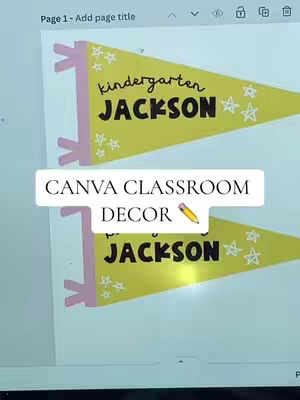 The cover image shows a screenshot of a Canva design featuring two yellow pennant flags. Each flag has pink accents, text, and star decorations. A white rectangular overlay with text is in the center, partly obscuring the flags.