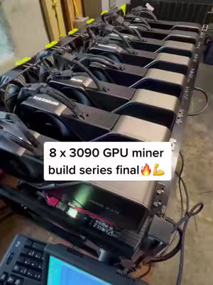 An overhead shot of a cryptocurrency mining setup. Multiple graphics cards are arranged in a rack with various cables and components visible. Text overlayed on the image indicates the build series' final stage.