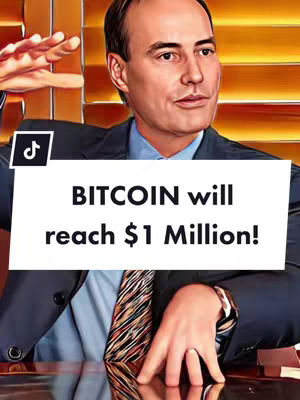 The cover image features a medium shot of a man in a suit and tie, set against a warm-toned, slightly out-of-focus background that suggests an office or professional environment. The man is fair-skinned, with short, neatly styled hair, and a composed expression, appearing to be mid-sentence or emphasizing a point. His hands are visible, adding emphasis to his message. A white banner overlay on the image contains the text 'BITCOIN will reach $1 Million!' in bold, black font, which is likely to be the central message of the video. A small TikTok logo is partially visible in the upper-left corner. The overall aesthetic is professional, hinting at financial or investment-related content.