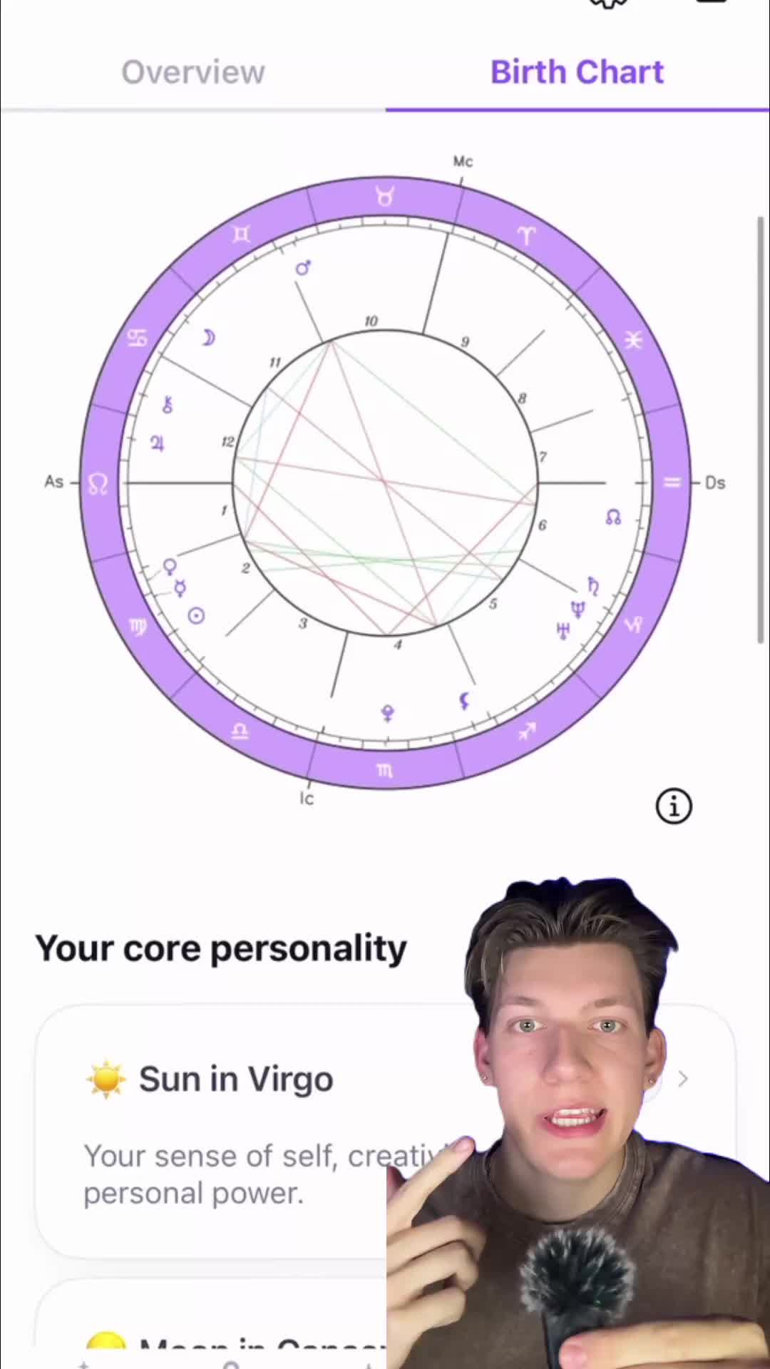 The cover image has a split composition. On top, it presents a birth chart with various astrological symbols arranged in a circular layout, rendered in shades of purple and white. The bottom section features a screen displaying text about 'Your core personality' with information about 'Sun in Virgo.' An individual is positioned to the right, appearing to be presenting or speaking.
