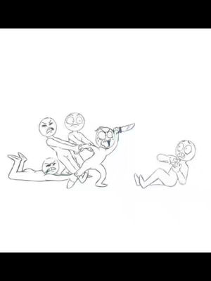 Line art of cartoon figures in a chaotic scene featuring several figures with exaggerated expressions. One figure is brandishing a knife, with two figures pulling and another lying on the ground. Another figure is sitting on the ground, clutching their chest in fear.