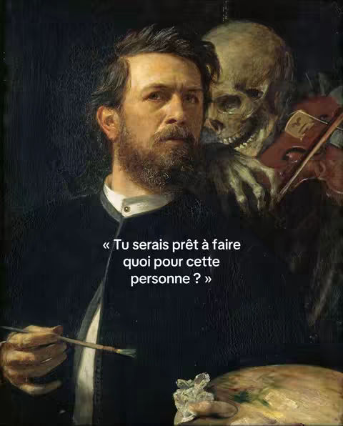 An artwork featuring a man in a black suit, holding a paintbrush and a palette, in front of a dark background, accompanied by a skeletal figure playing the violin from behind.  Text overlayed on the image presents a question.