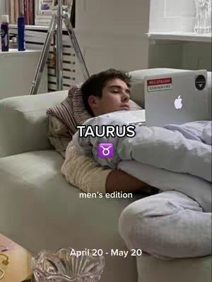 A young man is lying on a light-colored couch with a laptop on his lap. The image has overlaid text and graphics related to the Taurus zodiac sign.