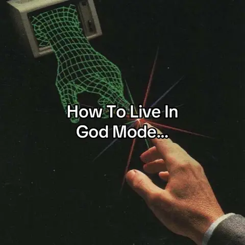 The image presents a surreal composition with a dark background. In the center, there is text that reads "How To Live In God Mode...". A pixelated, green grid-like hand extends from a computer screen on the left towards a realistic human hand on the lower right, against a backdrop of subtle light rays.