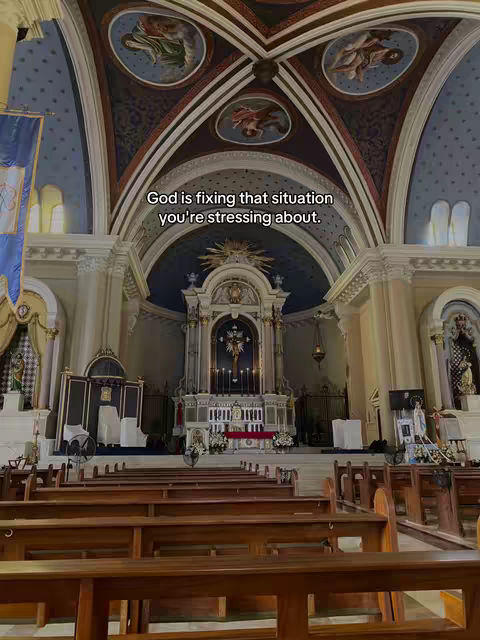 An interior shot of a church shows arched ceilings and rows of wooden pews. The text overlay is in a white, simple font, and displayed in the center of the image.