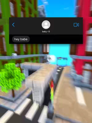 The cover image shows a screenshot of a text conversation displayed over a blurred background stylized like a video game environment. The text bubble at the bottom of the black bar reads 'hey babe' from the sender. The top black bar shows the contact name as 'baby <3' with a missing profile