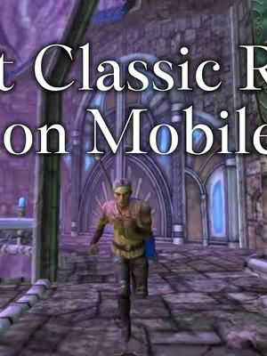 An action shot from a video game, featuring a male character running towards the viewer. The background has an ancient architectural theme, with arched doorways, suggesting a medieval fantasy setting. The color palette is dominated by purples and blues, lending a slightly mystical atmosphere.