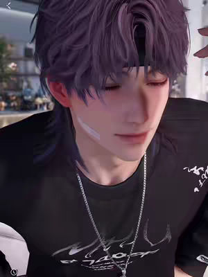 The cover image showcases a digitally rendered male character with purple hair, a black headband, and a black t-shirt. He has a light complexion and is looking downwards with a slight smile. A silver chain necklace hangs around his neck. The background appears to be blurred, suggesting an indoor setting, giving focus to the character.