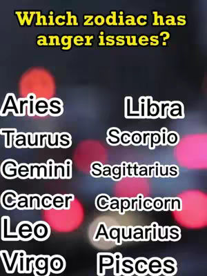 The cover image is a visually appealing design with a dark, blurred background featuring bokeh-like light spots in shades of red and pink. In the foreground, a yellow banner displays the question "Which zodiac has anger issues?" Below, two columns list all the zodiac signs in a clean, readable font. The overall composition is designed to capture attention and stimulate interest in astrological insights.