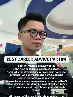 A man with dark hair and glasses is centered in the frame. Text is added over a blurred background, giving career advice.