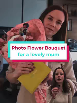 A woman holding a crafted photo bouquet and a yellow envelope, with another smaller image of her in the lower right corner; text over the central image reads 'Photo Flower Bouquet for a lovely mum'.