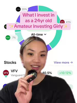 A woman is shown in a selfie-style video, holding a microphone very close to her mouth. Overlayed on the image is a pink rectangular text box that reads 'What I invest in as a 24yr old Amateur Investing Girly'. Behind the text box, a circular chart is partially visible.