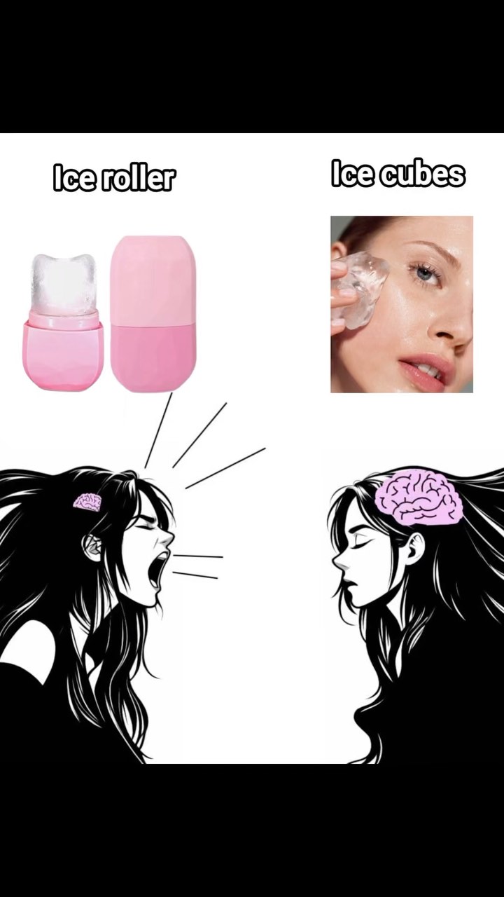 A split-panel graphic comparing ice roller and ice cube treatments for the face. On the left, a pink ice roller is next to an illustration of a screaming woman. On the right, a woman applies ice cubes to her face next to a drawing of a woman with a brain icon. Text overlays identify the items.