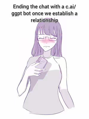 An anime-style drawing of a woman holding a phone, with text overlayed. The woman has purple hair, glasses, and a blush on her cheeks. The background is plain white.