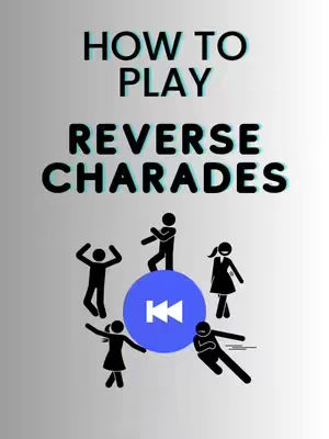 The cover image shows a minimalist design with a gray gradient background. At the top, large, bold, black text reads 'HOW TO PLAY', followed by 'REVERSE CHARADES' in the center, also in black. Below this, stick figures are arranged around a blue circle with a white rewind symbol in the center. The stick figures are in various action poses, suggesting movement.