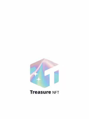 The image features a white background with a shimmering, holographic cube at the bottom center. The cube is an iridescent blend of colors, with a white 'T' shape in the center, and two sparkles on its surface. Below the cube, the text 'Treasure NFT' is written in black, sans-serif letters.