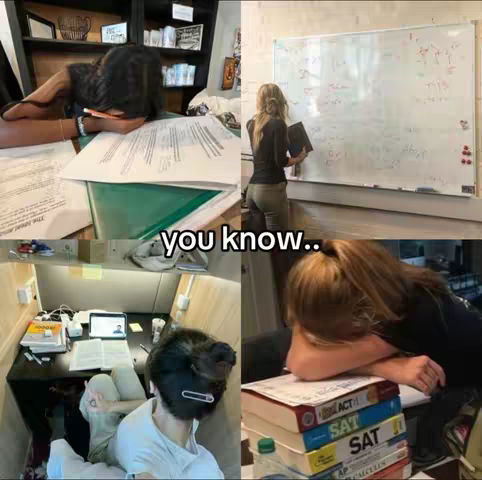 A multi-panel image shows four different scenes. In the top left, a person leans on a table covered in papers. The top right shows a woman writing on a whiteboard. The bottom left shows a person sitting at a desk with a laptop. The bottom right shows a person leaning on a stack of books. A text overlay says 'you know..'