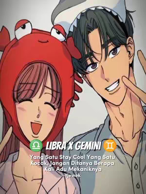 An animated illustration featuring two cartoon characters: a woman with pink hair wearing a red crab hat, and a man with black hair and a shark fin headband. Text overlays the image in a stylized font.