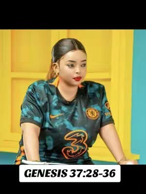 A woman in a Chelsea football jersey is the central figure, set against a backdrop of yellow and turquoise. The jersey with the number 3 is prominent. Text at the bottom of the image says Genesis 37:28-36.