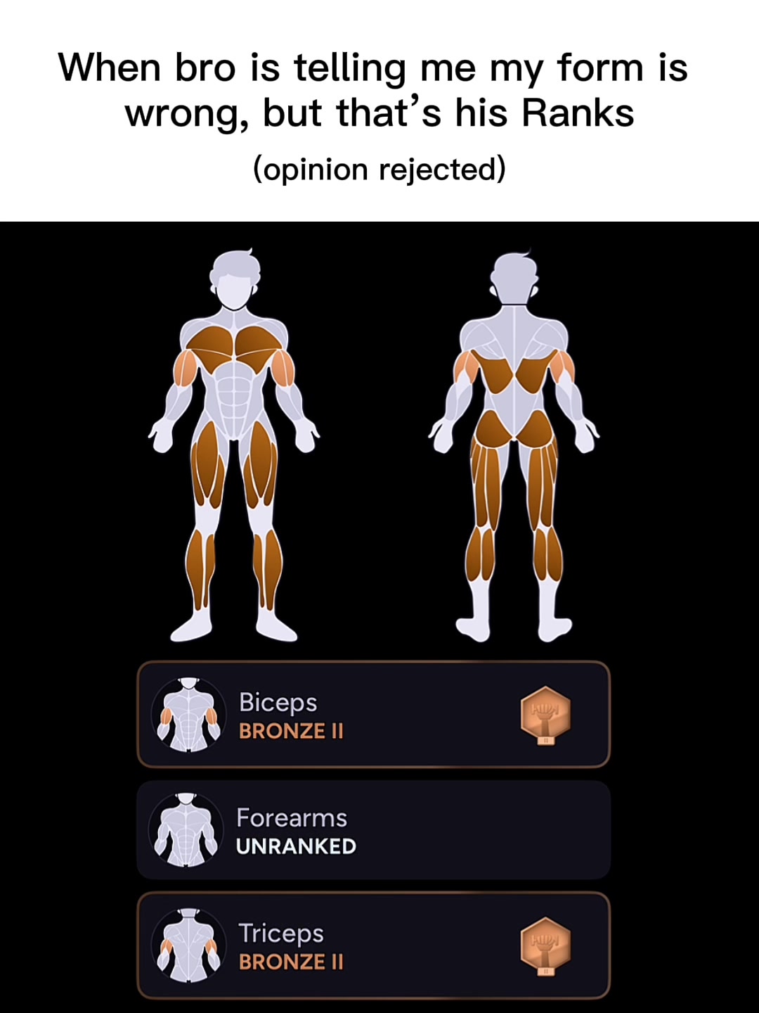 The image is a meme comparing two stick figure body diagrams with highlighted muscles on a black background. Text at the top reads 'When bro is telling me my form is wrong, but that's his Ranks (opinion rejected)'. Below, there are two figures, one facing forward and the other backward, with specific muscle groups highlighted with brown color. Beneath the figures, there are three blocks showing the Biceps, Forearms, and Triceps, with their ranks.