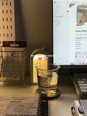 A well-lit, cozy desk setup with a computer screen displaying a study diary. A clear glass with water is on the desk, and there's a lamp behind it. Study notes, a pen, and a small wire basket with items are also present. The overall mood suggests a study environment.