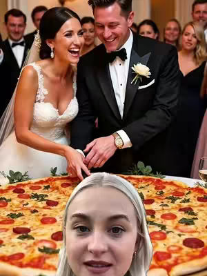 The cover image shows a bride and groom interacting with a giant pizza with the bottom part showing a woman's face in front of the pizza.